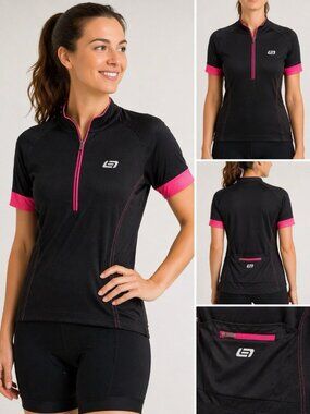 Bellwether Cycling Jersey Womens Large Black Pink 1/2 Zip Bike Shirt